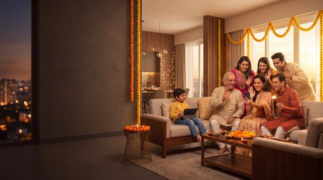 Multigenerational Indian family on a Diwali smartphone video call in a modern decorated living room, waving to distant relatives, with wide copy space for advertising