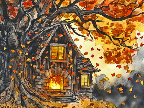 Cozy Fairy Tale Cottage Surrounded by Golden Autumn Leaves