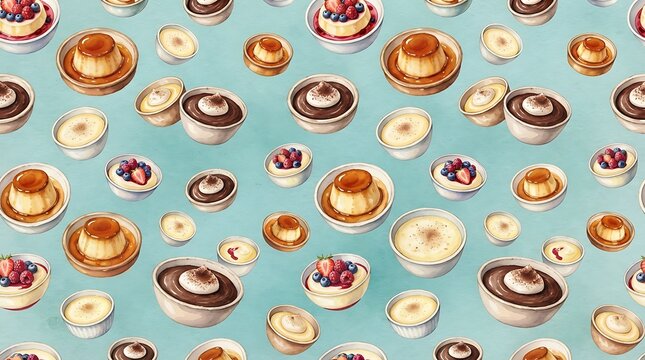 seamless pattern of creamy pudding and custard desserts with caramel tops