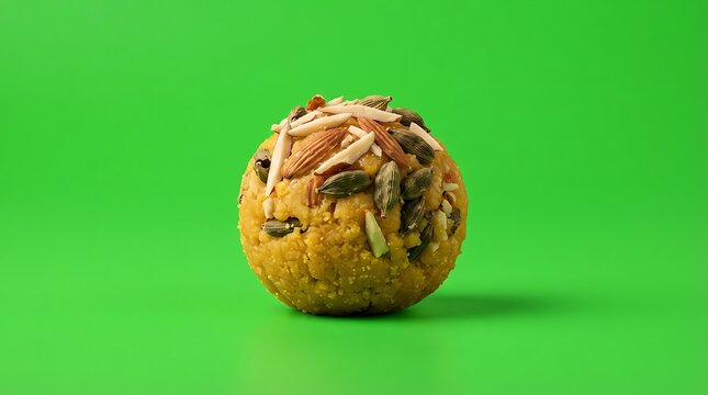 A single delicious besan laddu topped with various nuts on green background