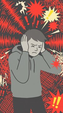 A young person covers their ears in distress, surrounded by chaotic abstract patterns representing sensory overload and anxiety.