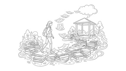 Fototapeta premium Path to Knowledge: A student with a backpack embarks on a journey of learning, stepping on a path made of books towards a grand pavilion, with scattered papers fluttering like wings.