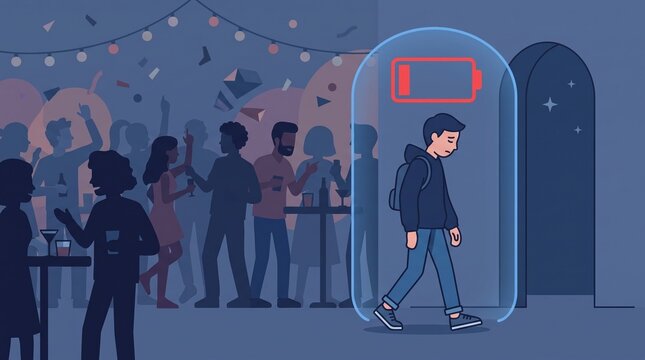 A man walks away from a crowded party inside a protective bubble with a low battery icon representing social exhaustion and sensory overload.
