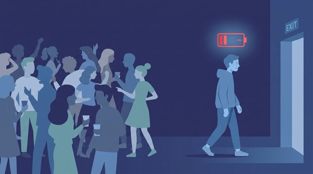 A man walks away from a crowded social gathering towards an exit sign, with a low battery icon floating above his head to represent social exhaustion.