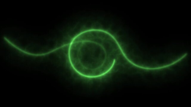 A glowing green wave forms a luminous spiral and flowing light trail against a black background, creating smooth abstract motion graphics animation in 4K.