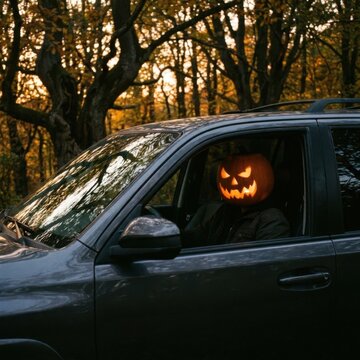 Spooky jackolantern head driver in car during autumn forest drive