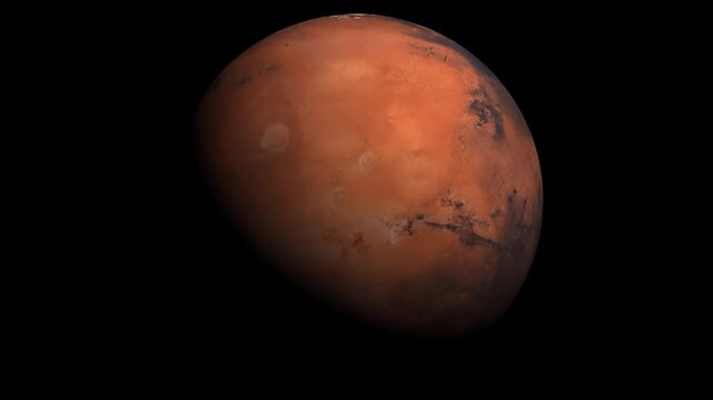 Zoom in Planet Mars rotating in deep space against a black background