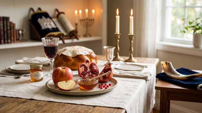 Traditional Rosh Hashanah holiday dinner table setting with round challah, pomegranate, apples with honey, wine, and shofar