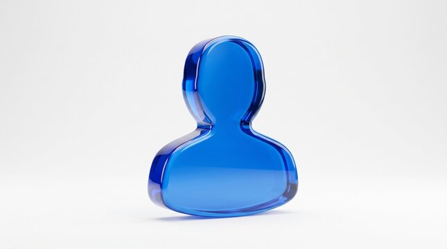 A shiny blue glass person icon representing a user profile or account symbol for digital interface design and social media networking concepts