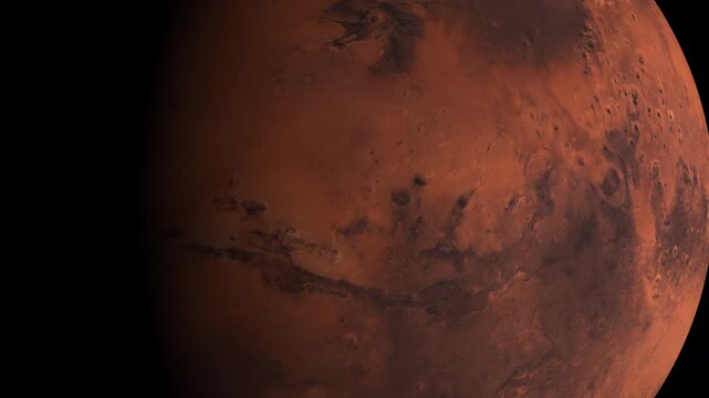 Zoom out Cinematic view of Mars planet surface from space with craters and dark shadows