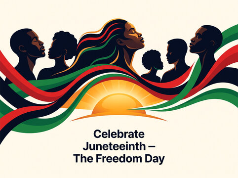 Juneteenth Freedom Day illustration featuring silhouettes of African American people with Pan-African colored ribbons and a rising sun