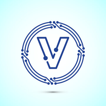 Electronic circuit letter V logo blue technology icon for digital innovation firm.