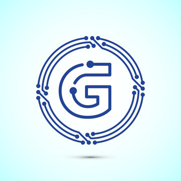 Blue tech circular letter G logo on white backdrop for corporate identity.
