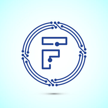 Blue tech circular letter F logo on white backdrop for corporate identity.