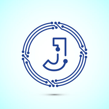 Letter J stylized with digital circuit board blue lines for technology branding.