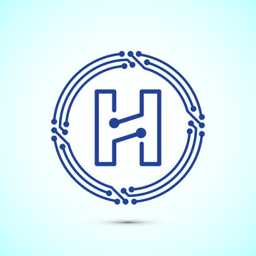Letter H stylized with digital circuit board blue lines for technology branding.