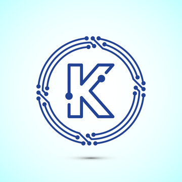 Letter k stylized with digital circuit board blue lines for technology branding.