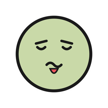 A pale green face with slanted eyebrows, curved unimpressed eyes, a wavy mouth, and a small tongue sticking out, expressing disgust or distaste.