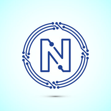Blue tech circular letter N logo on white backdrop for corporate identity.