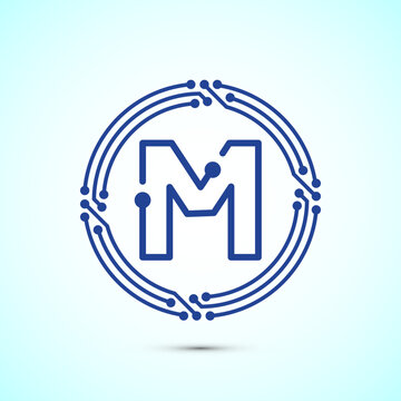 Blue tech circular letter M logo on white backdrop for corporate identity.