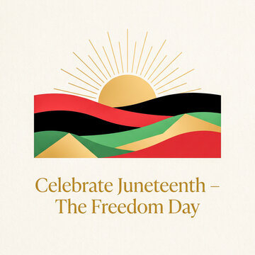 Minimalist graphic illustration celebrating Juneteenth Freedom Day with a rising sun and colorful hills in Pan-African colors