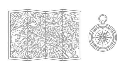 Fototapeta premium Navigational Tools: A meticulously detailed, folded map of an intricate city layout sits alongside a classic brass compass, symbolizing exploration and direction.