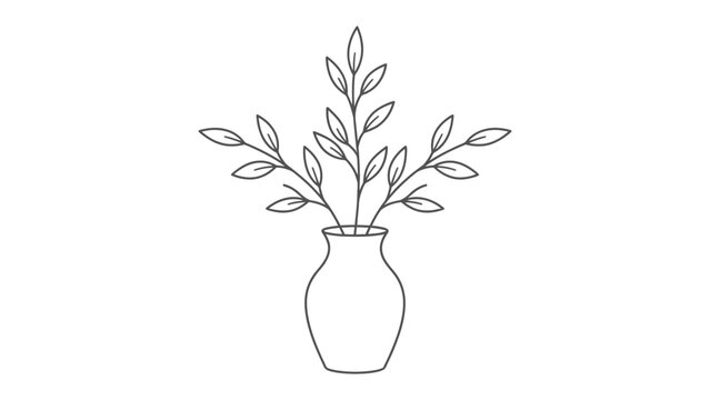 Minimalist Botanical Illustration: A delicate line drawing depicts a simple vase holding a sprig of leaves, exuding understated elegance and natural simplicity.