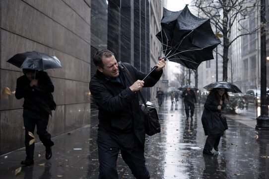 Man struggling with broken umbrella in strong wind and rain on city street. Businessman with bag commuting to work in bad weather. People walking under umbrellas during autumn storm in downtown.