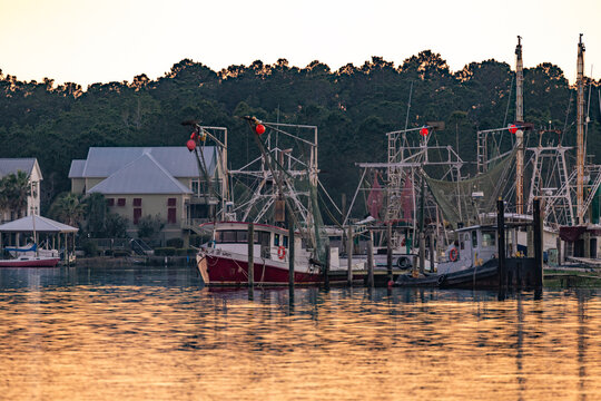 Shrimp Boats Docked in the Harbor During Sunset in Gulf Shores Alabama