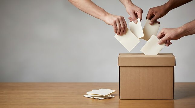 Diverse hands casting ballots into a cardboard box for an election or voting process.