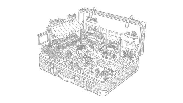 Miniature World Inside a Suitcase: A whimsical illustration depicts a bustling miniature world, complete with tiny trees, buildings, and a market stall, all contained within an open vintage suitcase.