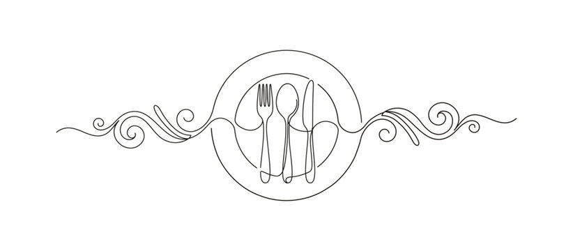 Continuous Line Art Plate Fork Spoon Knife Cutlery Restaurant Logo Menu Ornament Ornamental Border Food Dining Vector Illustration Graphic Element Isolated White Background