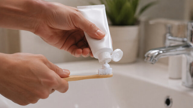 Hands squeeze pea-sized toothpaste on a toothbrush for oral health