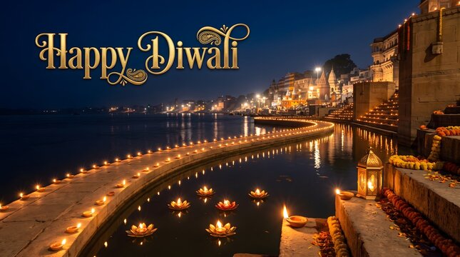 Beautiful night view of the ganges river ghats illuminated with lamps for the happy diwali festival celebration