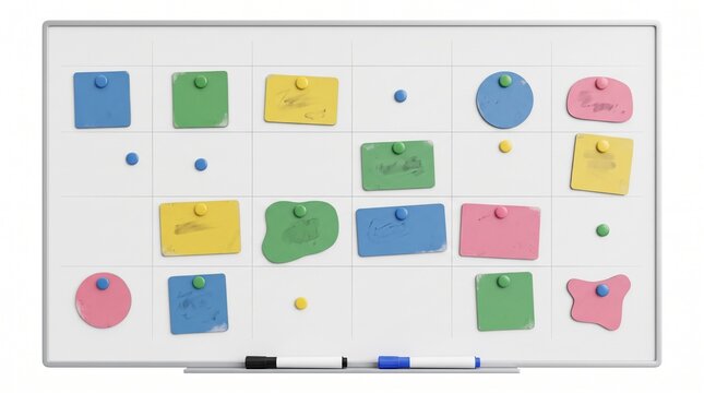 A white magnetic board features various colorful sticky notes and magnets, serving as a visual organization tool for planning and task management.