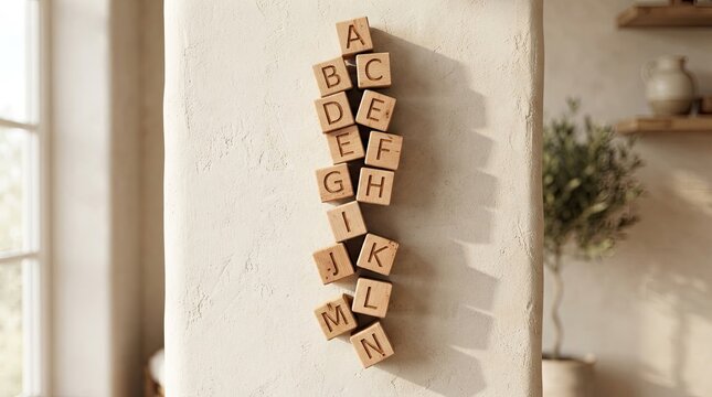 Wooden alphabet blocks arranged in a vertical column on a wall