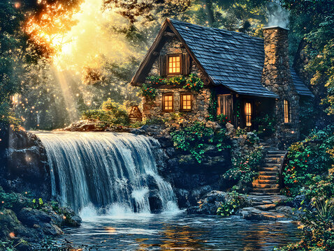Magical Forest Cottage Beside a Waterfall in a Fairy Tale Landscape