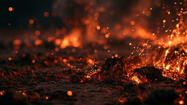 Intense orange flames dance vividly against a darkened backdrop, portraying destructive power and warm, fiery visual spectacle