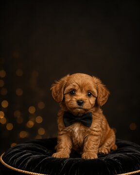 Elegant Cute Puppy Wearing Black Bow Tie with Golden Bokeh