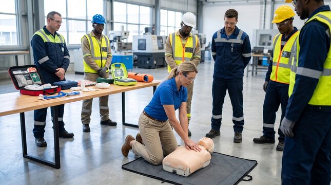 Workplace safety training employees learn CPR and first aid techniques on a dummy