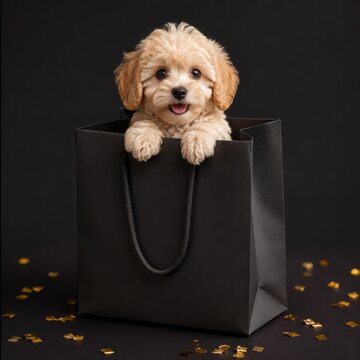 Cute Fluffy Puppy Peeking from a Black Shopping Bag
