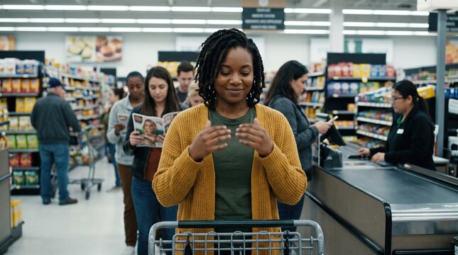 A young Black woman practices self-regulation and stimming with her hands while waiting in a supermarket checkout line with a shopping cart.