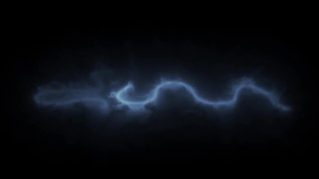 A blue glowing wave flows smoothly across a dark background, forming luminous wisps and fluid curves with soft light effects. 4K motion graphics animation.