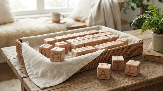 Wooden alphabet blocks in a wicker basket on a table