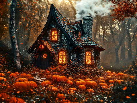 Magical Fairy Tale Cottage Glowing in an Enchanted Autumn Forest