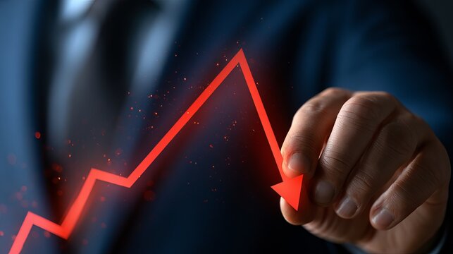 Glowing red line graph pointing downwards, held by a hand, visualizing a financial downturn or negative trend