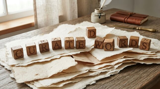 Wooden blocks spelling curate words on handmade paper