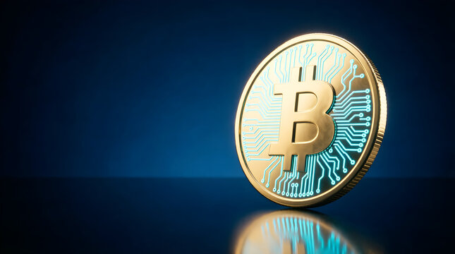 Golden cryptocurrency coin with circuit patterns on blue background for digital investment ads