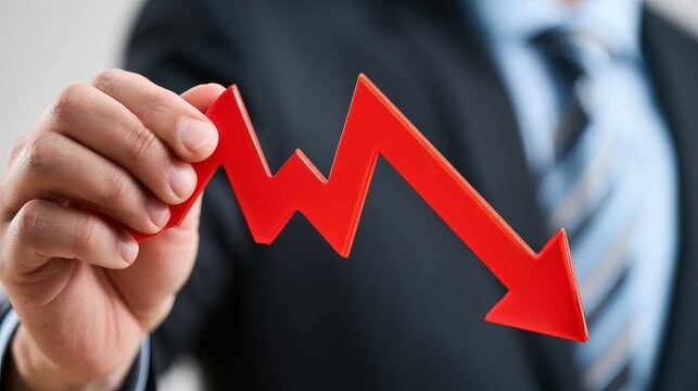 Bright red downward arrow held by a hand, representing market decline and financial loss, concept for investment warnings