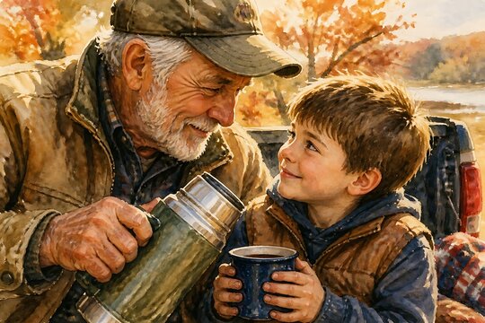 Grandfather and grandson sharing cocoa, watercolor illustration